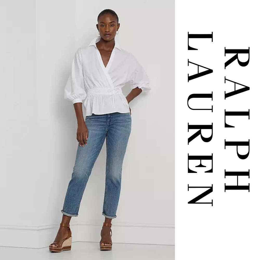 Ralph Lauren - Cotton-Blend Peplum Blouse - White - Medium - Picture 2 of 5